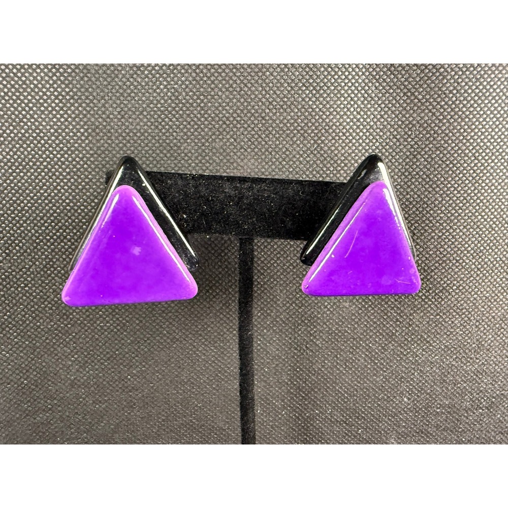 Vintage Purple & Black Triangle Clip‑On Earrings – Bold Geometric 80s Statement